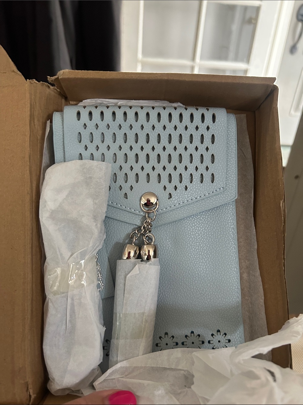 Light Blue Mini Crossbody Phone Bag with Tassel Accent
